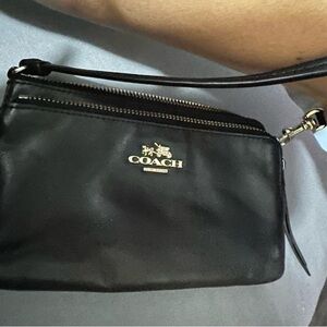 Coach Black Leather Crossbody Wristlet with Gold Logo